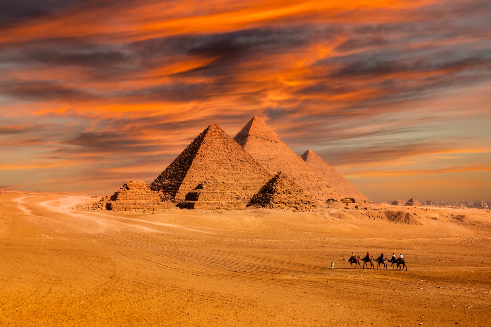 Sunset over the pyramids of Giza